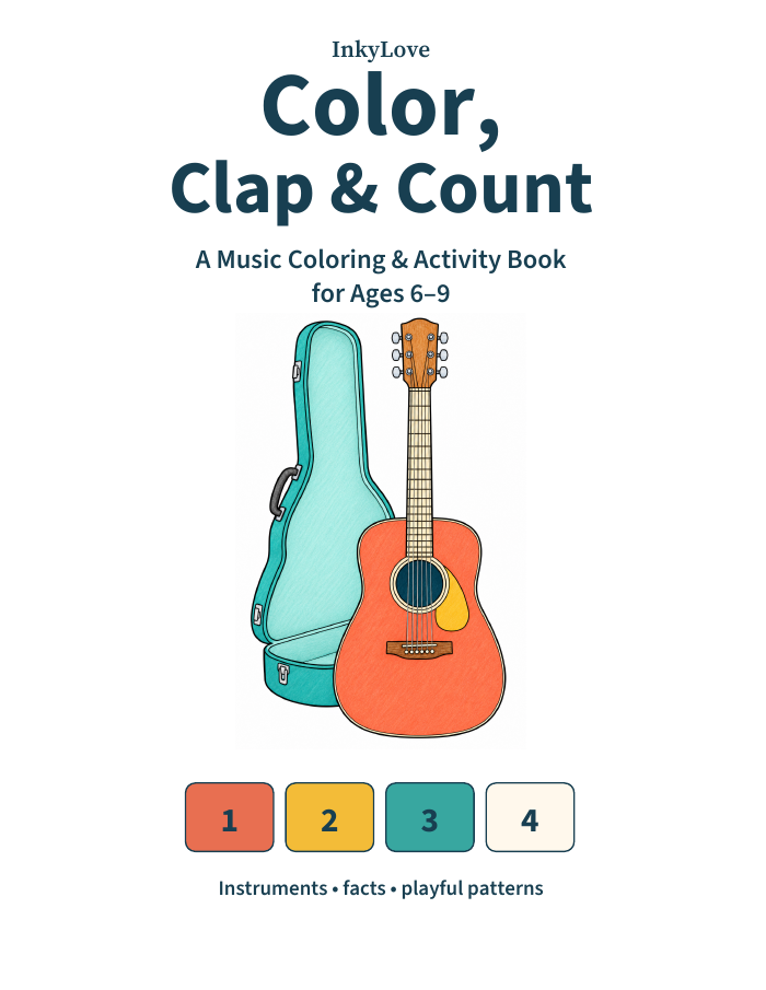 Color, Clap & Count cover featuring a colorful guitar, case and number pattern
