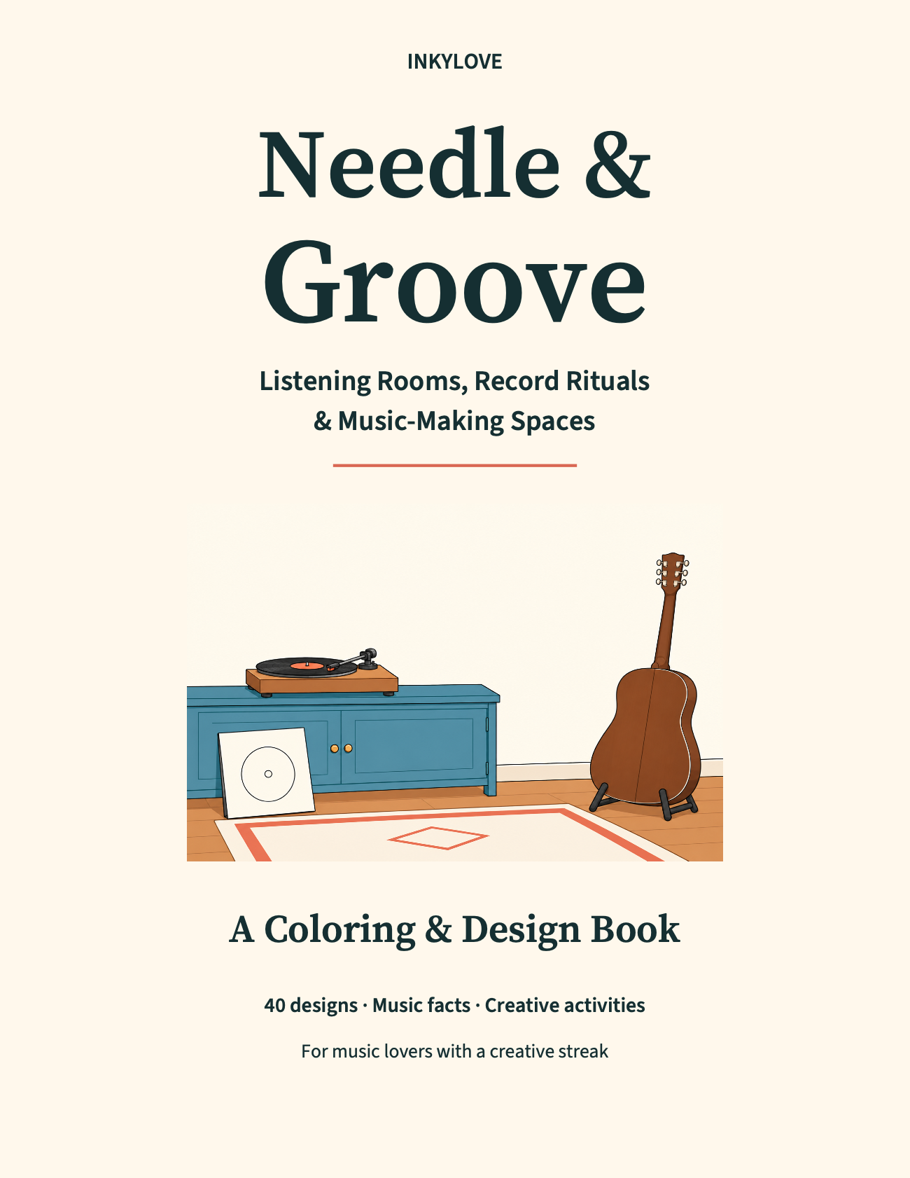 Needle & Groove cover with a record player, acoustic guitar and blank record sleeve
