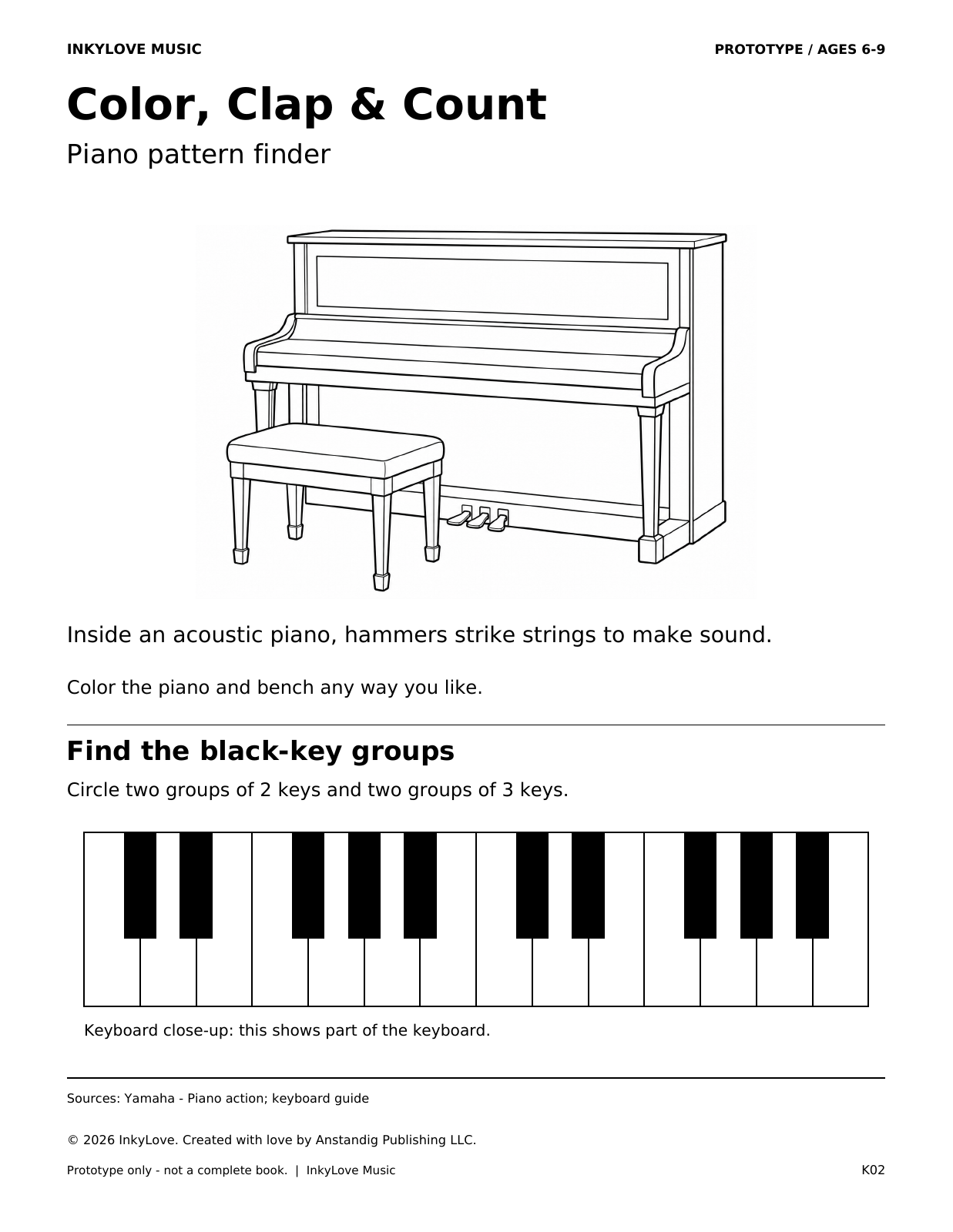 Piano keyboard coloring page with a repeating pattern activity